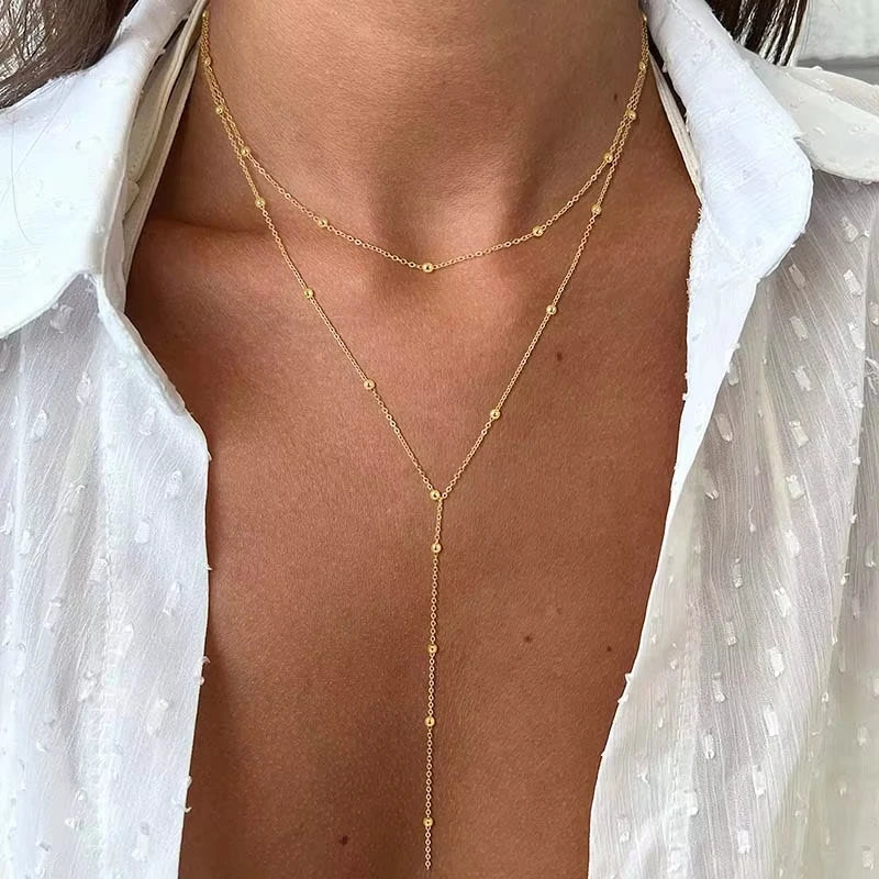 Gold Plated Lariat Necklace for Women, Double Laryered Long Chain Drop
