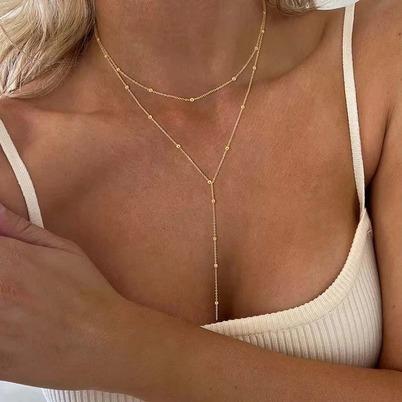 Gold Plated Lariat Necklace for Women, Double Laryered Long Chain Drop